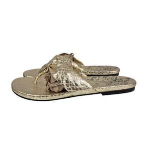 Chico's Sole Metal Gold Faux Snakeskin Ribbon Thong Flat Sandals Sz 8